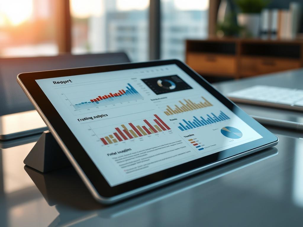 A close-up shot of a business report with graphs and analytics on a digital tablet, set on a modern office desk. The background should convey professionalism and clarity.