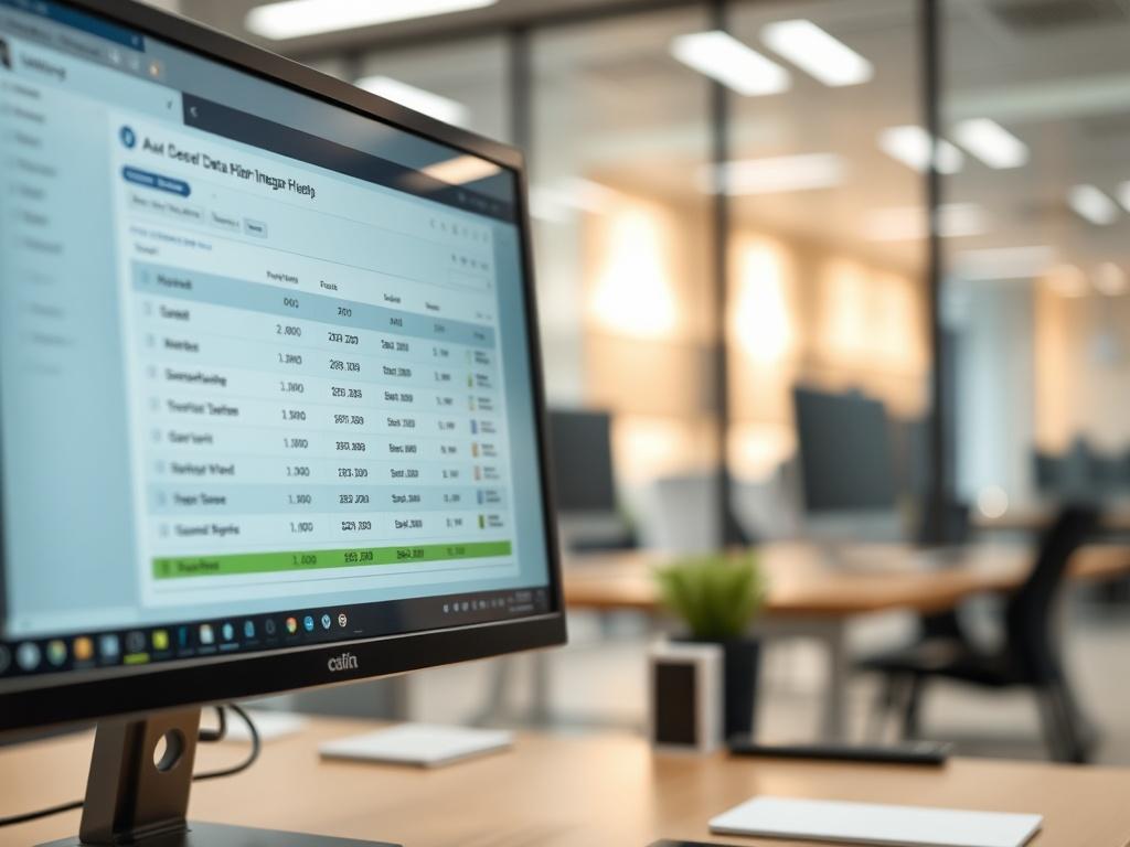 A close-up shot of a computer screen displaying a data integration interface with product information being uploaded. The background should be a modern office setting, emphasizing technology and efficiency.