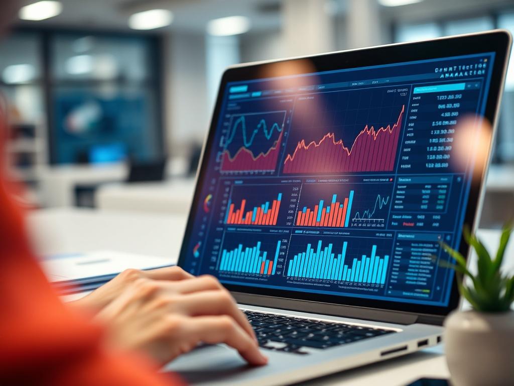 A close-up shot of a laptop screen showing graphs and charts for pricing analytics, with a person analyzing the data. The background should be a bright and focused workspace.