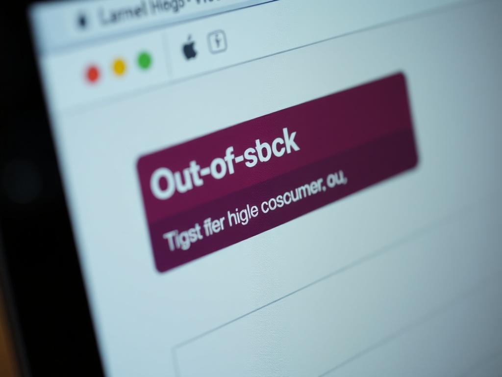 A close-up shot of a computer screen showing an out-of-stock notification being sent to a customer via email, shot with a 45mm f/1.2 lens, hyper-realistic style.