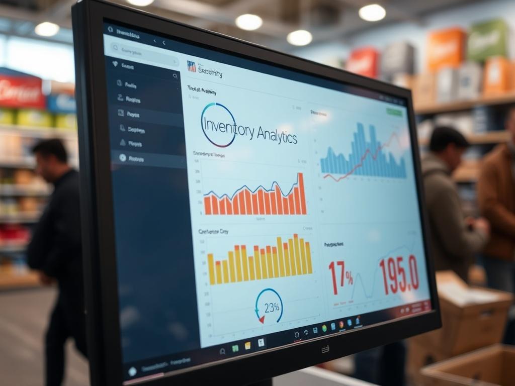 A close-up shot of a computer screen displaying inventory analytics graphs and charts, with a soft-focus background of a busy retail space, shot with a 45mm f/1.2 lens, hyper-realistic style.