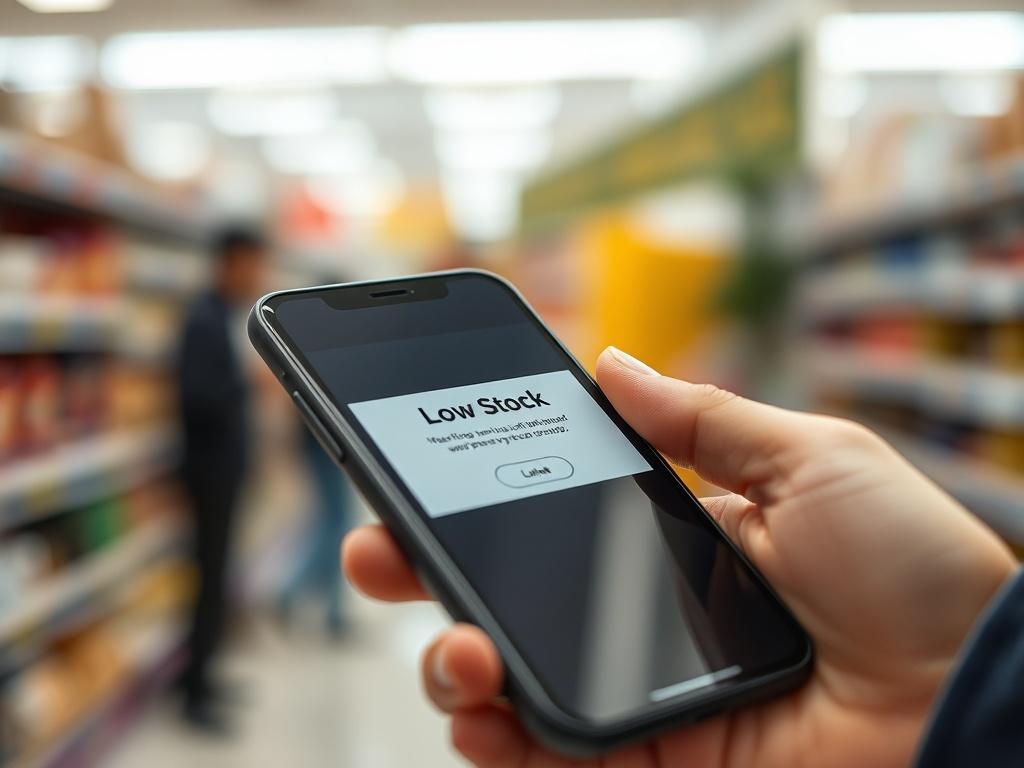 A close-up shot of a smartphone displaying a low stock notification app alert, with a blurred background suggesting a retail environment, shot with a 45mm f/1.2 lens, hyper-realistic style.
