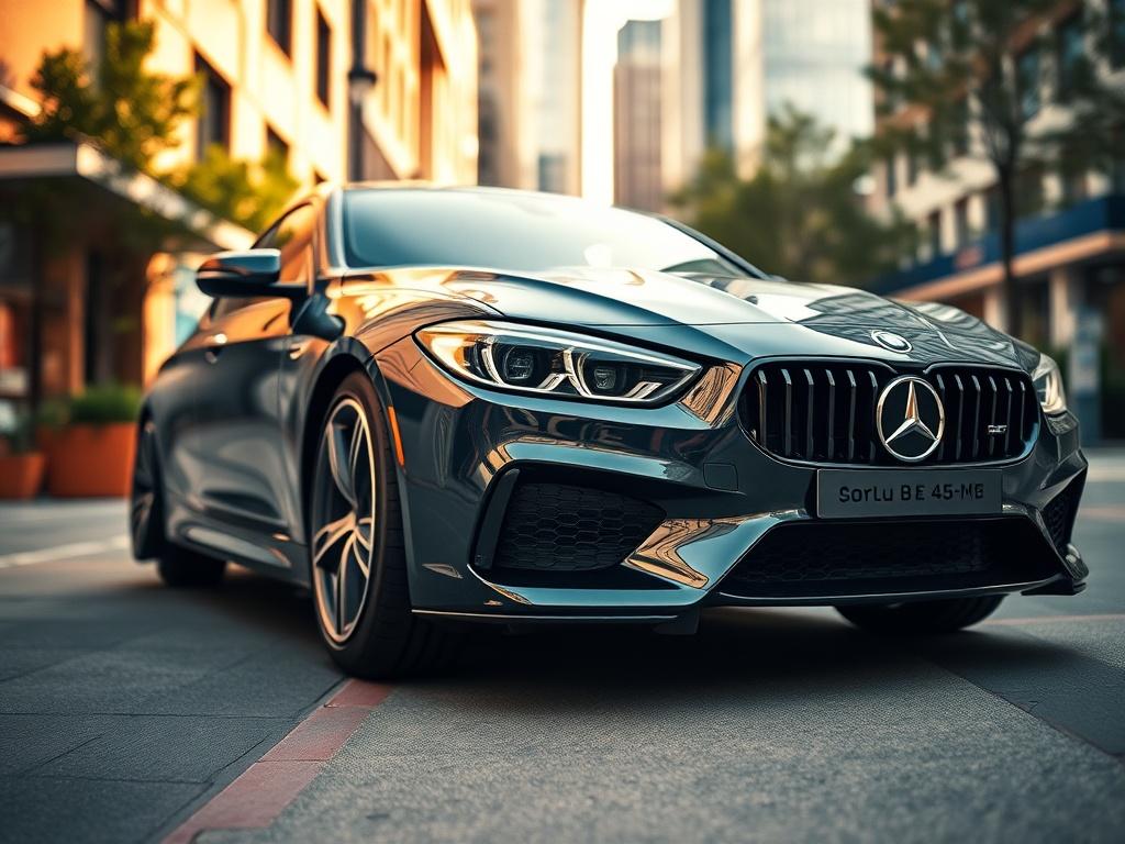 A close-up shot of a sleek, modern car parked in a vibrant urban setting. The image should focus on the car, showcasing its detailed design and polished exterior. The background should be slightly blurred to emphasize the car, with city elements like buildings and trees subtly visible. The lighting should be bright and inviting, enhancing the car's colors and features. The overall composition should convey a sense of style and sophistication.