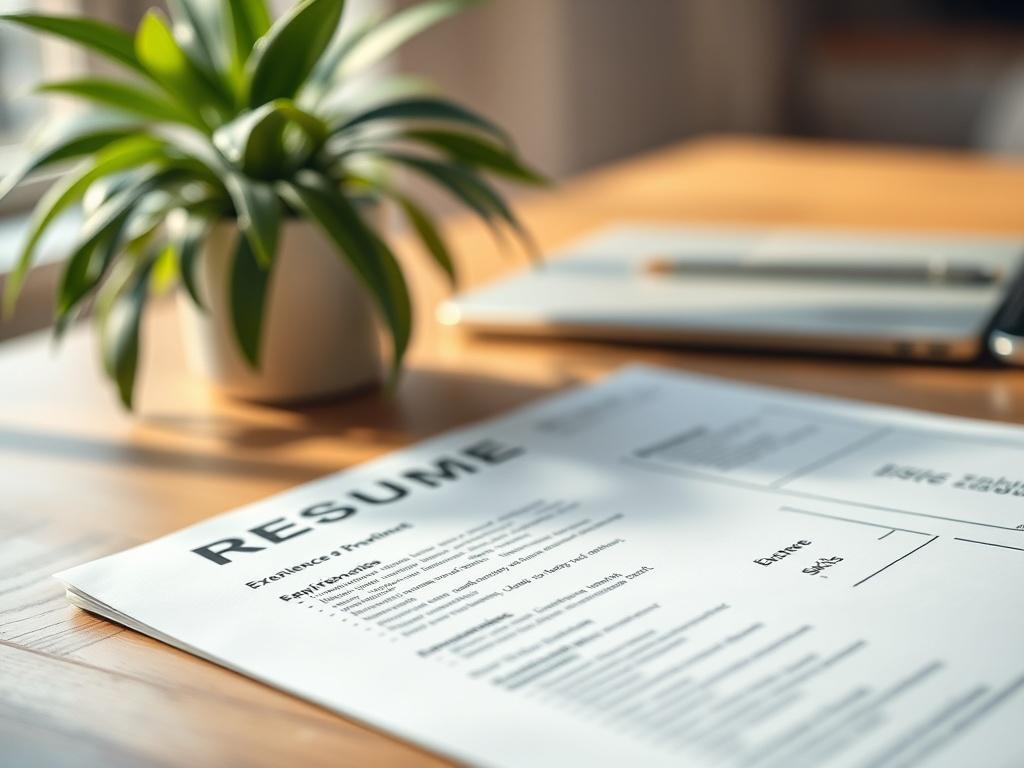 A close-up shot of a professional-looking resume on a wooden desk. The resume should have a clean, modern layout with sections for experience, education, and skills clearly visible. In the background, there should be a soft-focus view of a plant and a laptop, creating a warm and inviting atmosphere. The lighting should be natural and bright, highlighting the details of the resume.