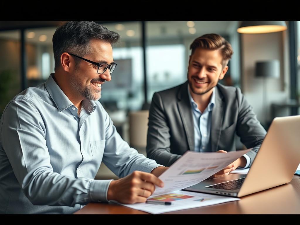 A close-up shot of a financial advisor sitting at a desk, reviewing a budget plan with a client. The advisor has a friendly and approachable demeanor, while the client looks engaged and relieved. The background is softly blurred, featuring a modern office with financial documents and a laptop. The lighting is warm and inviting, emphasizing a sense of trust and professionalism. The image is rendered in hyper-realistic style, shot with a 45mm f/1.2 lens.