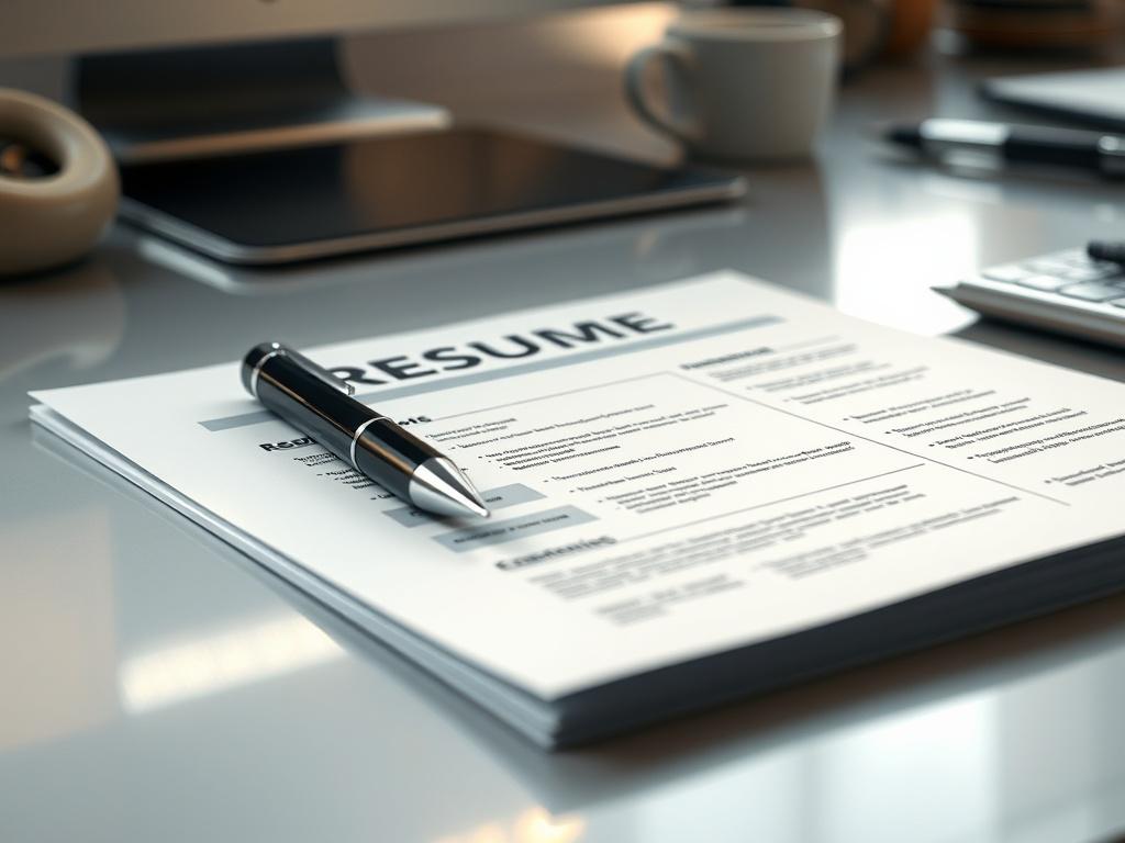 A professional resume laid out on a clean desk, with a stylish pen next to it. The focus is on the resume, showcasing an elegant and modern design. The background should be softly blurred, creating a sense of depth while emphasizing the resume. The lighting is warm and inviting, highlighting the details of the paper texture and the pen. The overall mood is one of professionalism and readiness, perfect for job seekers.