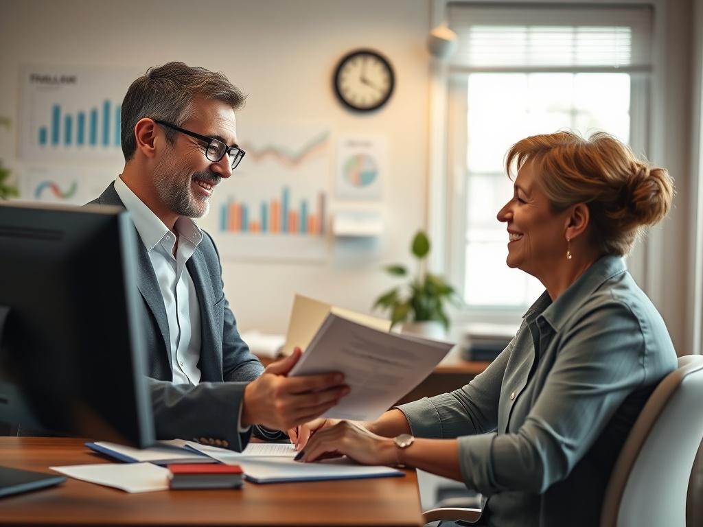 A realistic high-resolution photo of a friendly financial advisor sitting at a desk, reviewing documents with a client. The advisor is showing a supportive demeanor, while the client looks engaged and hopeful. The background features a well-organized office with financial charts and a computer, emphasizing a professional and welcoming atmosphere. The lighting is warm and inviting.