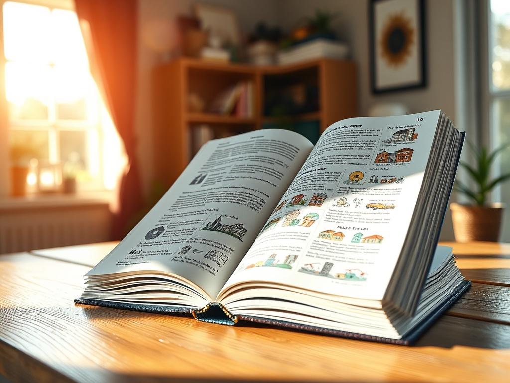 A close-up shot of an open book on a wooden table, with sunlight streaming in from the side, casting soft shadows. The book should be filled with colorful illustrations and text related to real estate investment education. The background should be a softly blurred home office setting, creating a warm and inviting atmosphere. The image should be rendered in high-resolution, compatible with the rgb(2, 86, 197) primary color.