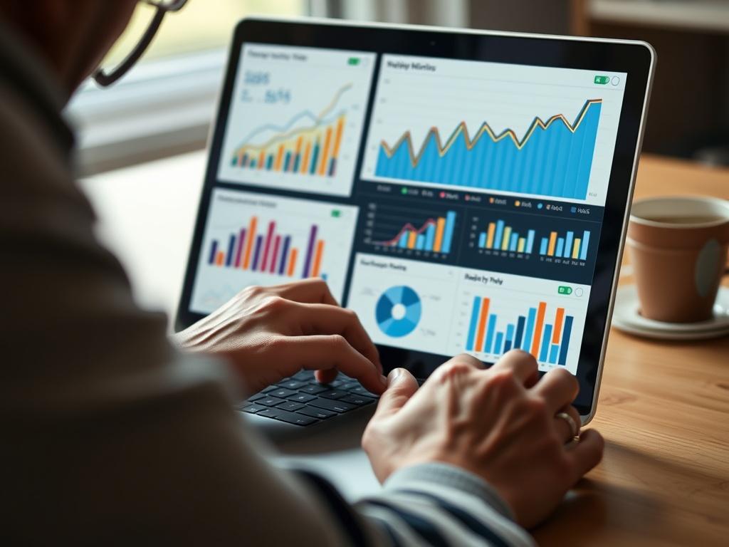 A close-up shot of a data analyst reviewing performance metrics on a laptop, with charts and graphs illustrating community growth and investment returns. The focus is on data-driven decision-making.