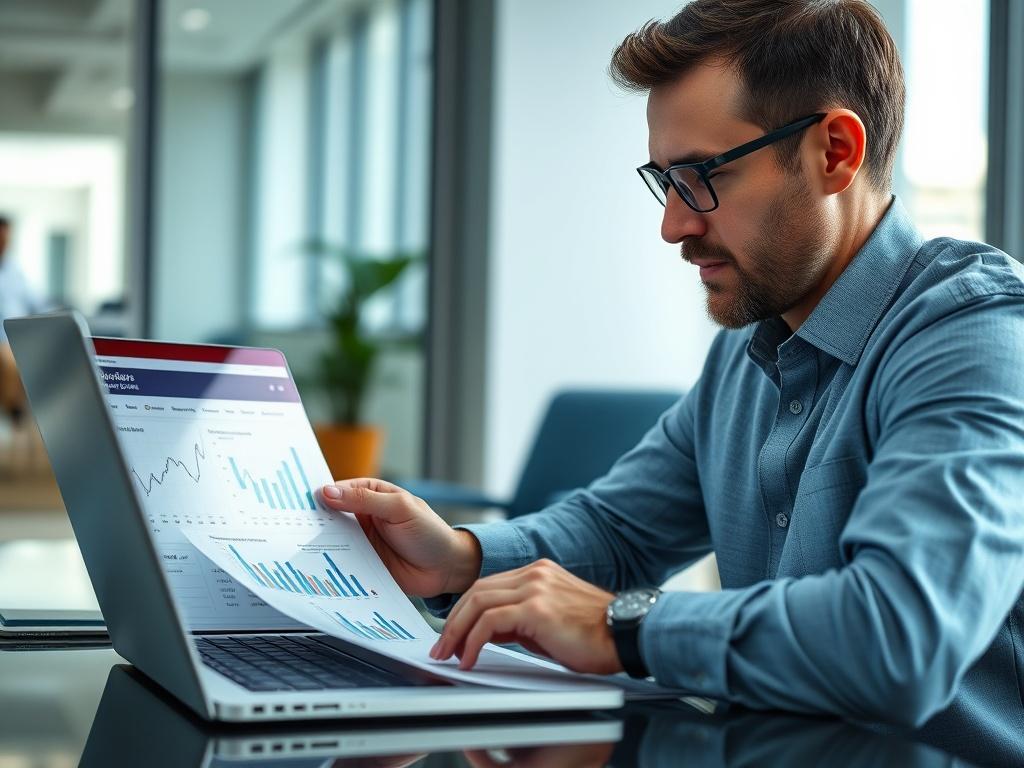 A realistic high-resolution photo of a professional financial advisor examining charts and graphs on a laptop, with a focused expression. The background is a modern office setting with natural light coming through a window. The primary color scheme includes shades of blue to match the rgb(2, 86, 197) color. The composition should be simple and clear, with the advisor as the main subject.