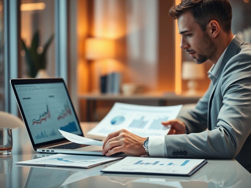 A close-up shot of a financial advisor sitting at a sleek desk, reviewing documents and charts about debt strategies. The advisor is focused and engaged, with a laptop open in front of them displaying graphs. The background is softly blurred to emphasize the advisor, with warm lighting creating a professional yet inviting atmosphere. The image should feature a color palette that includes the primary color rgb(2, 86, 197).