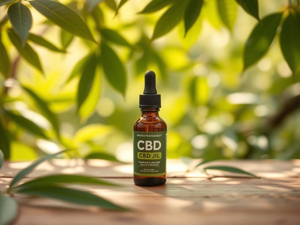 A serene setting featuring a single bottle of CBD oil