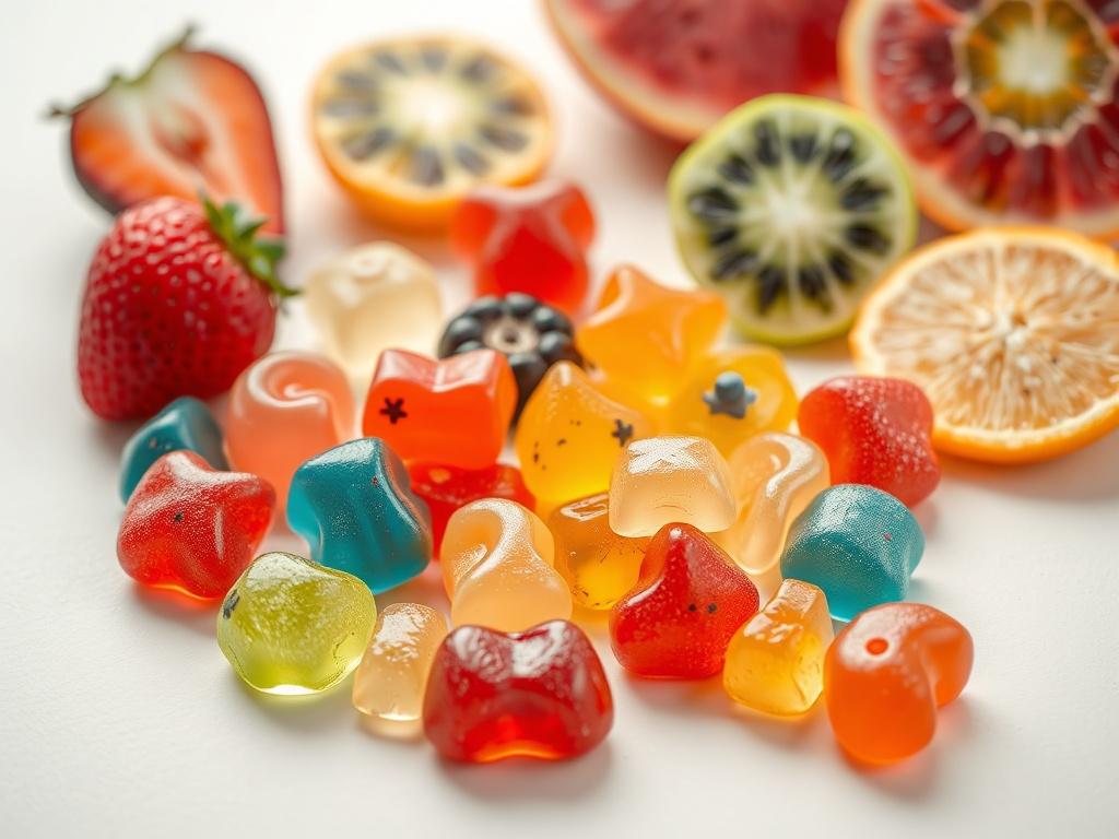 A high resolution image of colorful CBD gummies in various