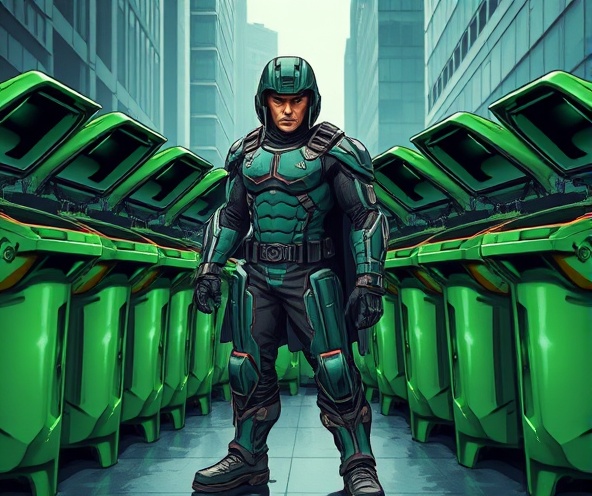 Heroic superhero warrior protecting pristine trash bins