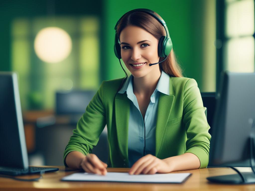 a friendly customer support representative with a headset, vibrant green