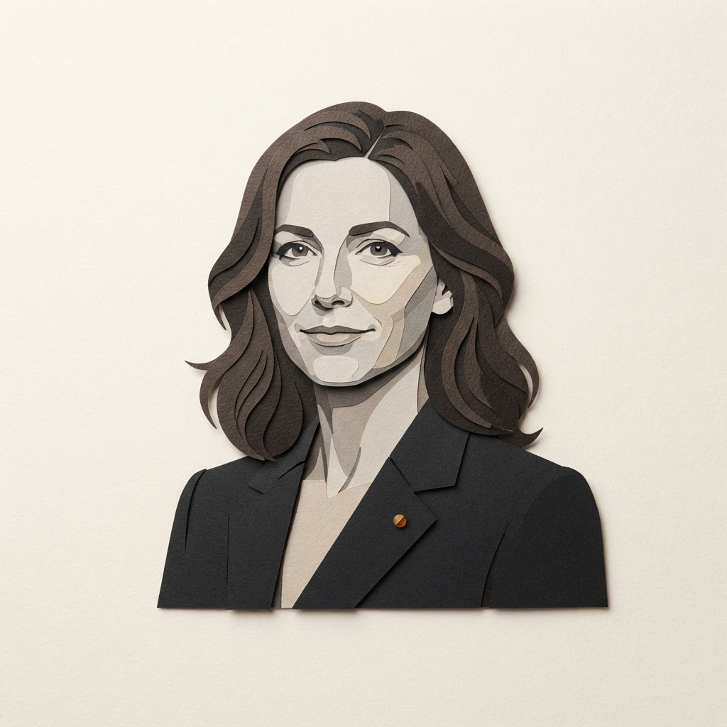 Editorial portrait illustration of Eleanor Shaw, with dark softly waved hair and a charcoal jacket