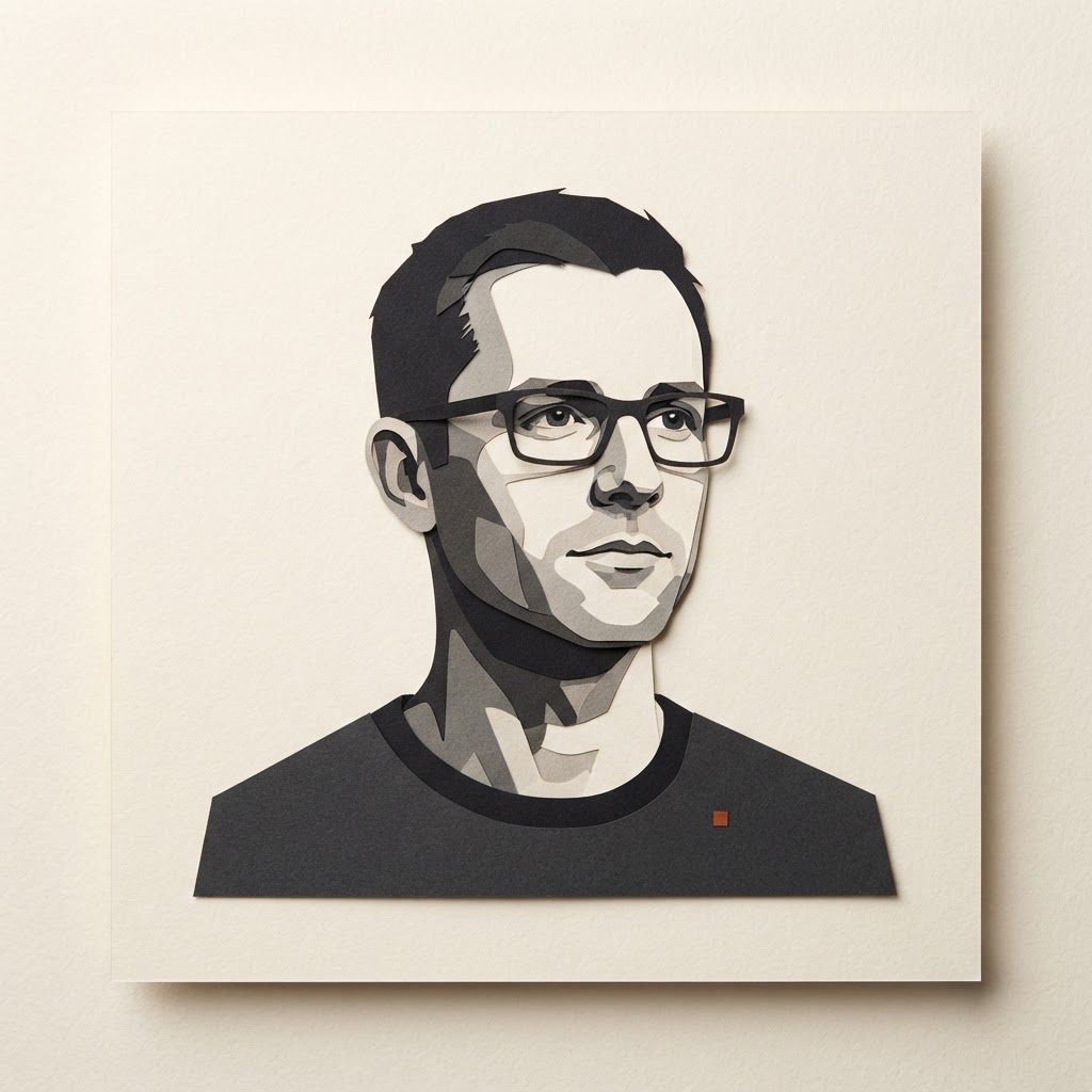 Editorial portrait illustration of Daniel Mercer, with close-cropped hair and rectangular glasses