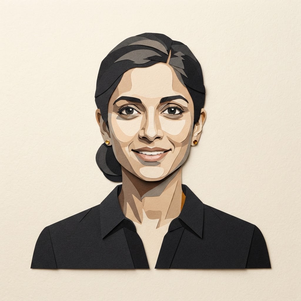 Editorial portrait illustration of Priya Nair, with dark hair tied back and simple earrings
