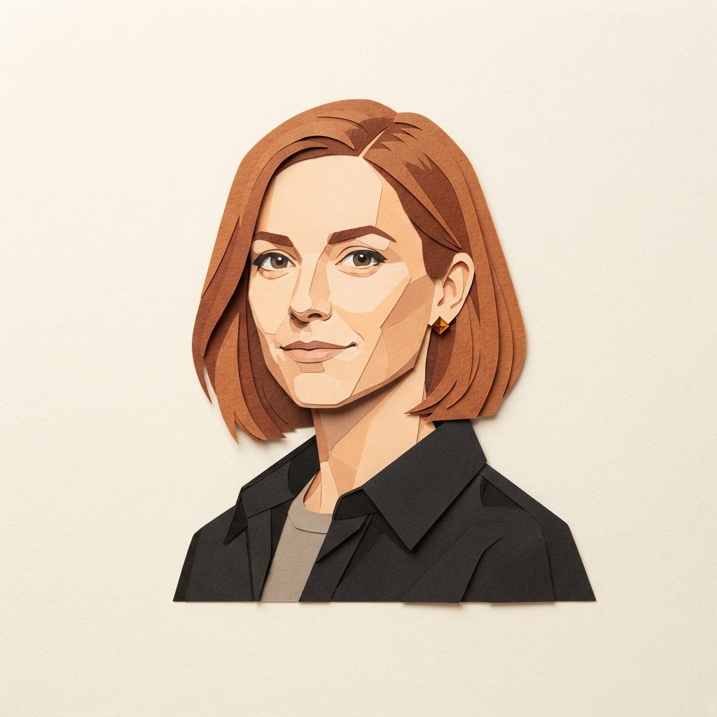 Editorial portrait illustration of Hannah Cole, with a chin-length auburn bob