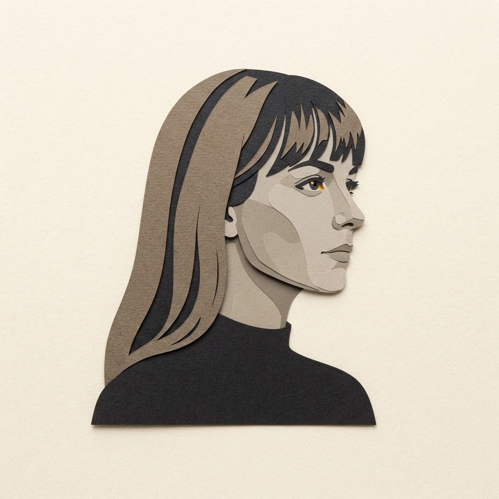Editorial portrait illustration of Amelia Rhodes, with long light brown hair and a fringe