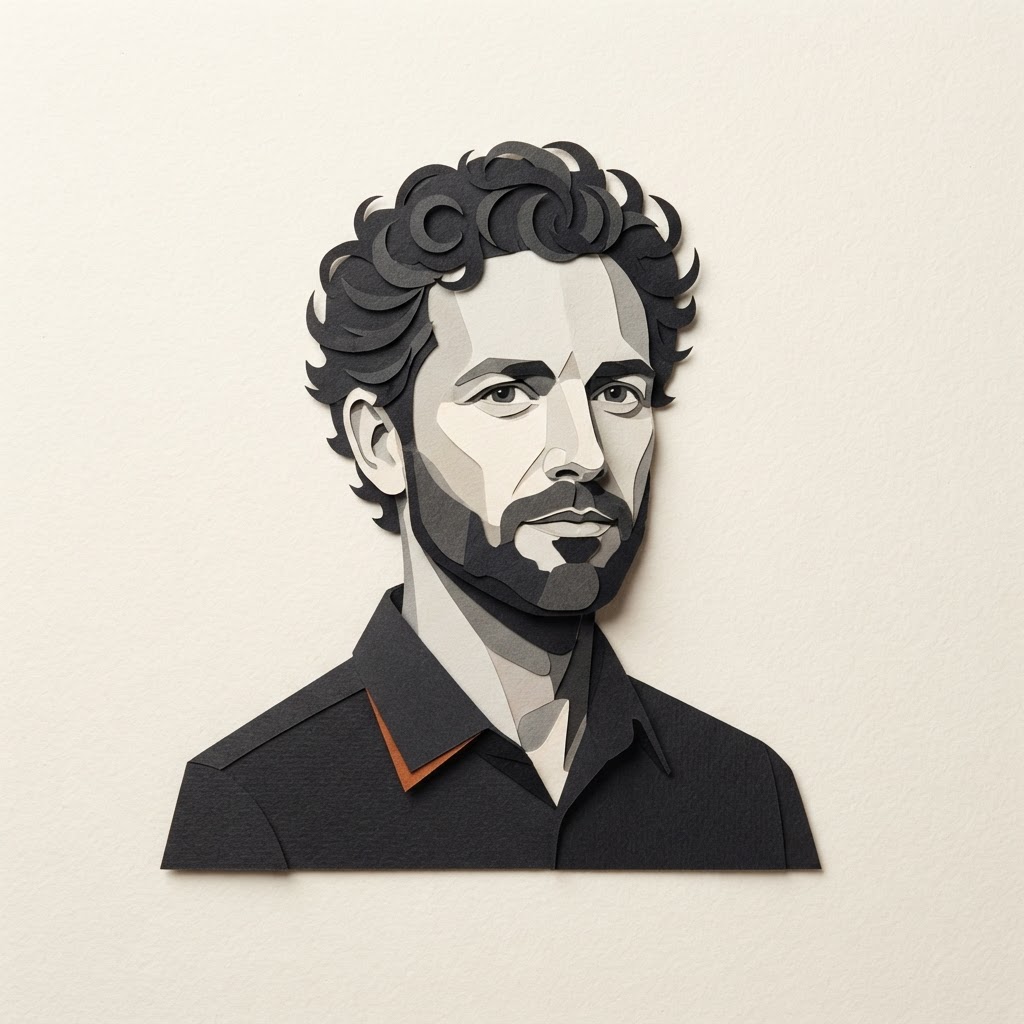 Editorial portrait illustration of Tobias Grant, with curly dark hair and a short beard