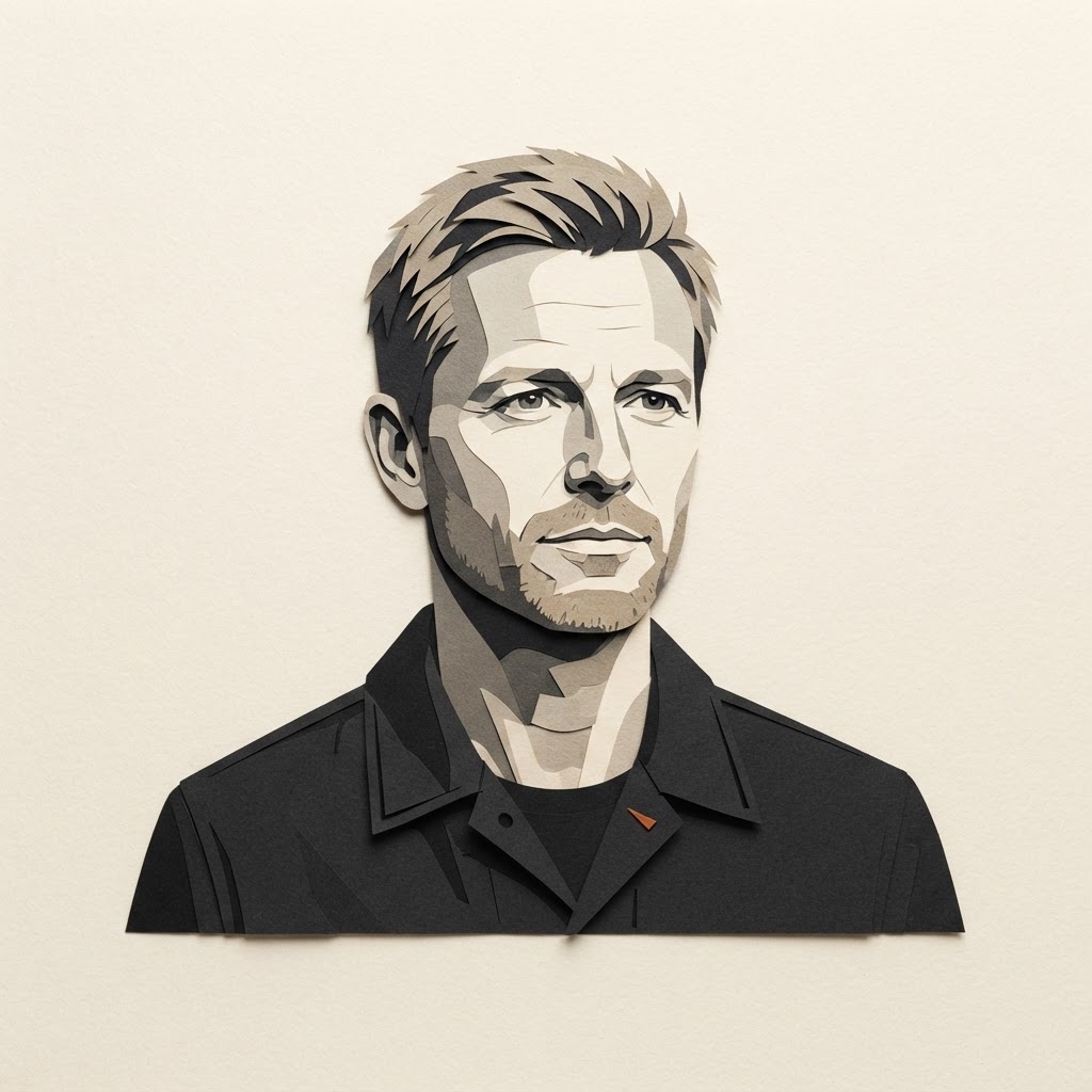 Editorial portrait illustration of Marcus Bell, with sandy hair and light stubble