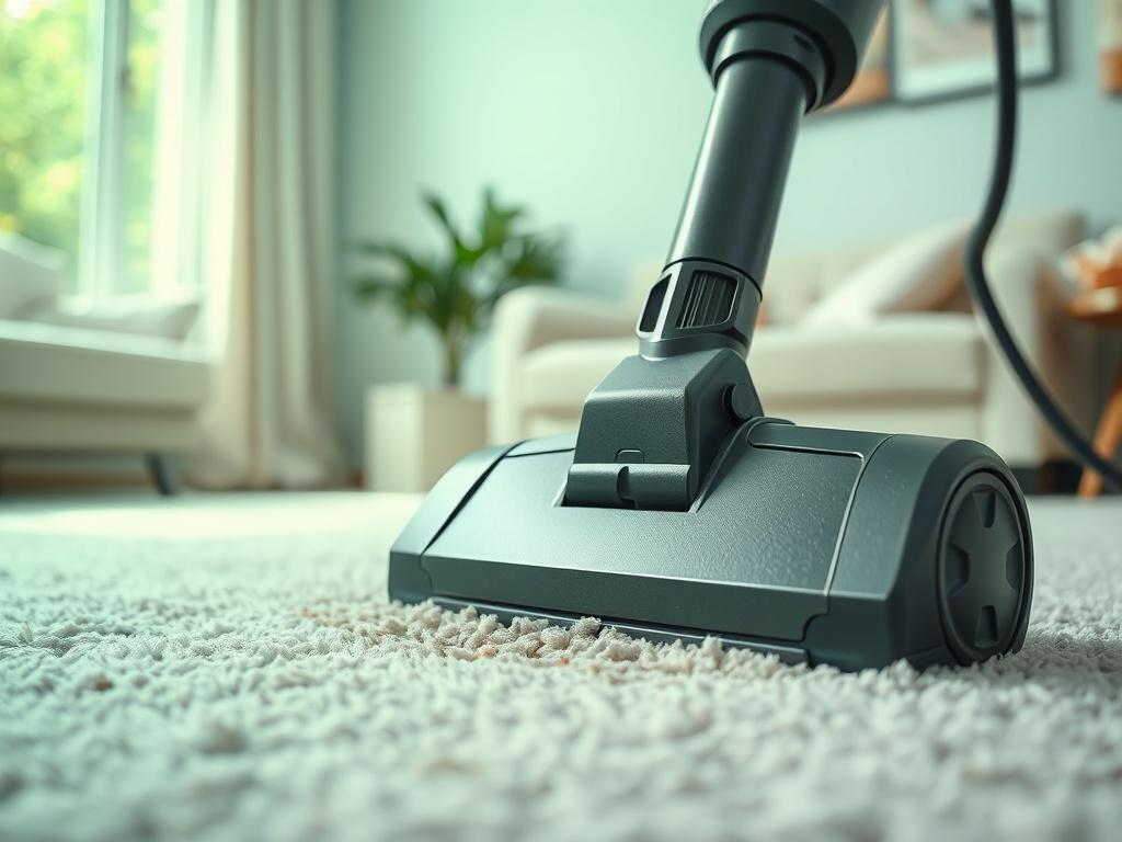 A close-up shot of a professional carpet cleaning machine in action, with a focus on the machine's nozzle extracting dirt from a plush carpet. The background should be soft-focused, showcasing a well-maintained living room with natural light streaming through a window, highlighting the cleanliness of the carpet. The image should have vibrant greens to match the primary color rgb(50, 170, 39).