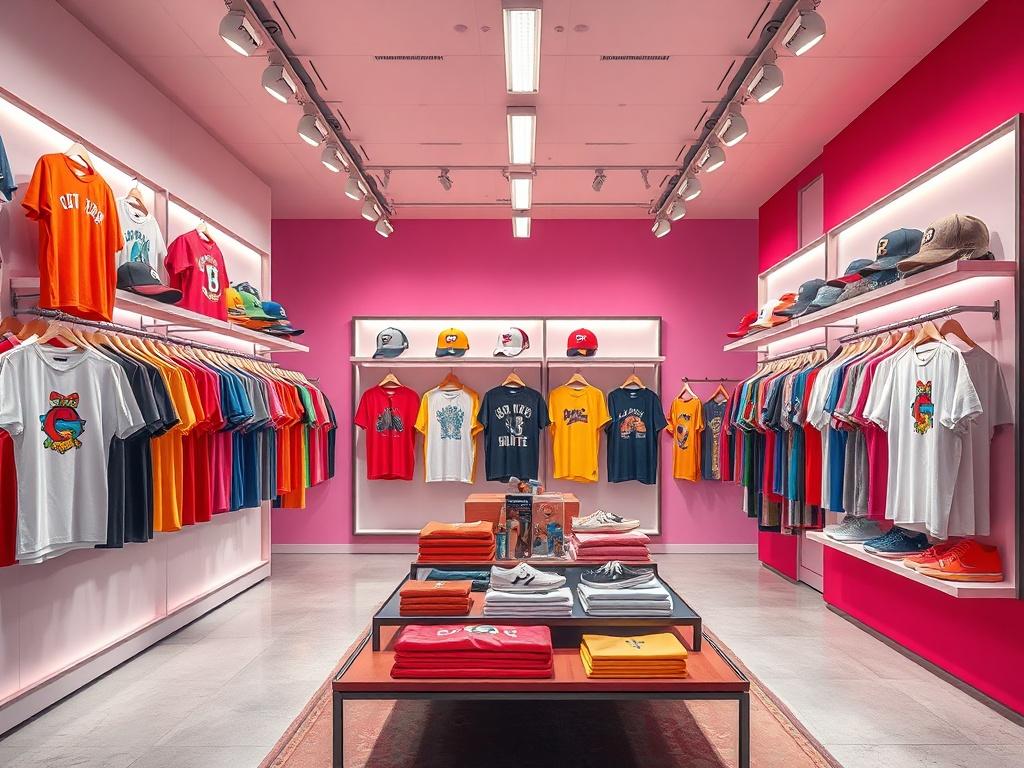 A photorealistic image of a vibrant clothing store interior, showcasing
