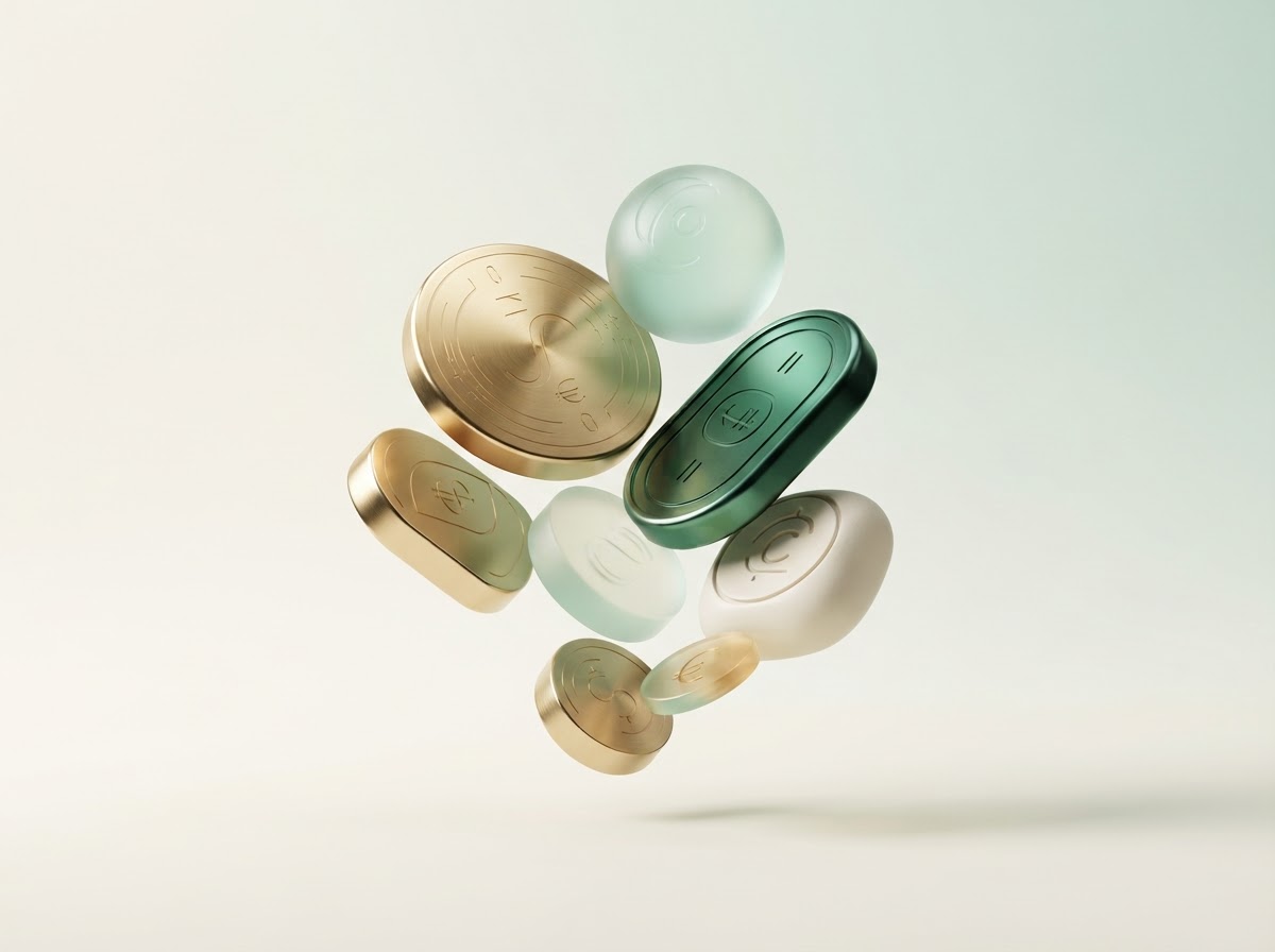 Sculptural green, gold, and cream tokens floating against a soft background