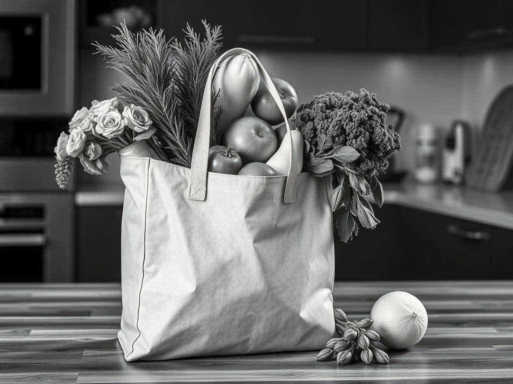 A close up image of a stylish grocery bag filled