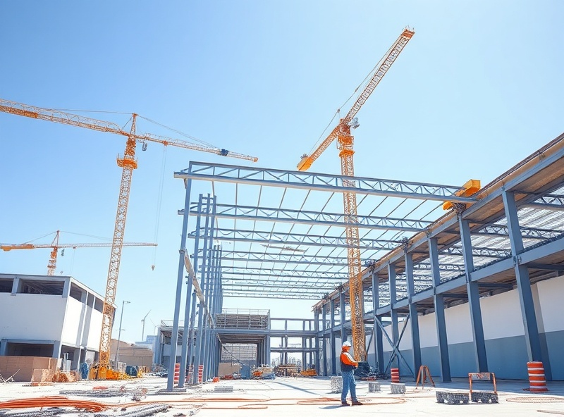 Modern construction site with structural steel framework and workers