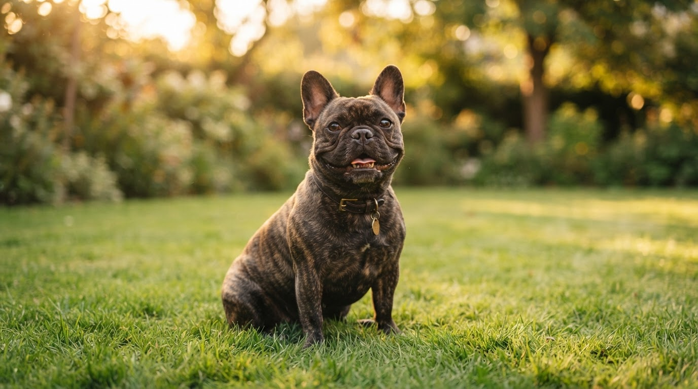 A happy brindle French Bulldog sitting on a green lawn at golden hour