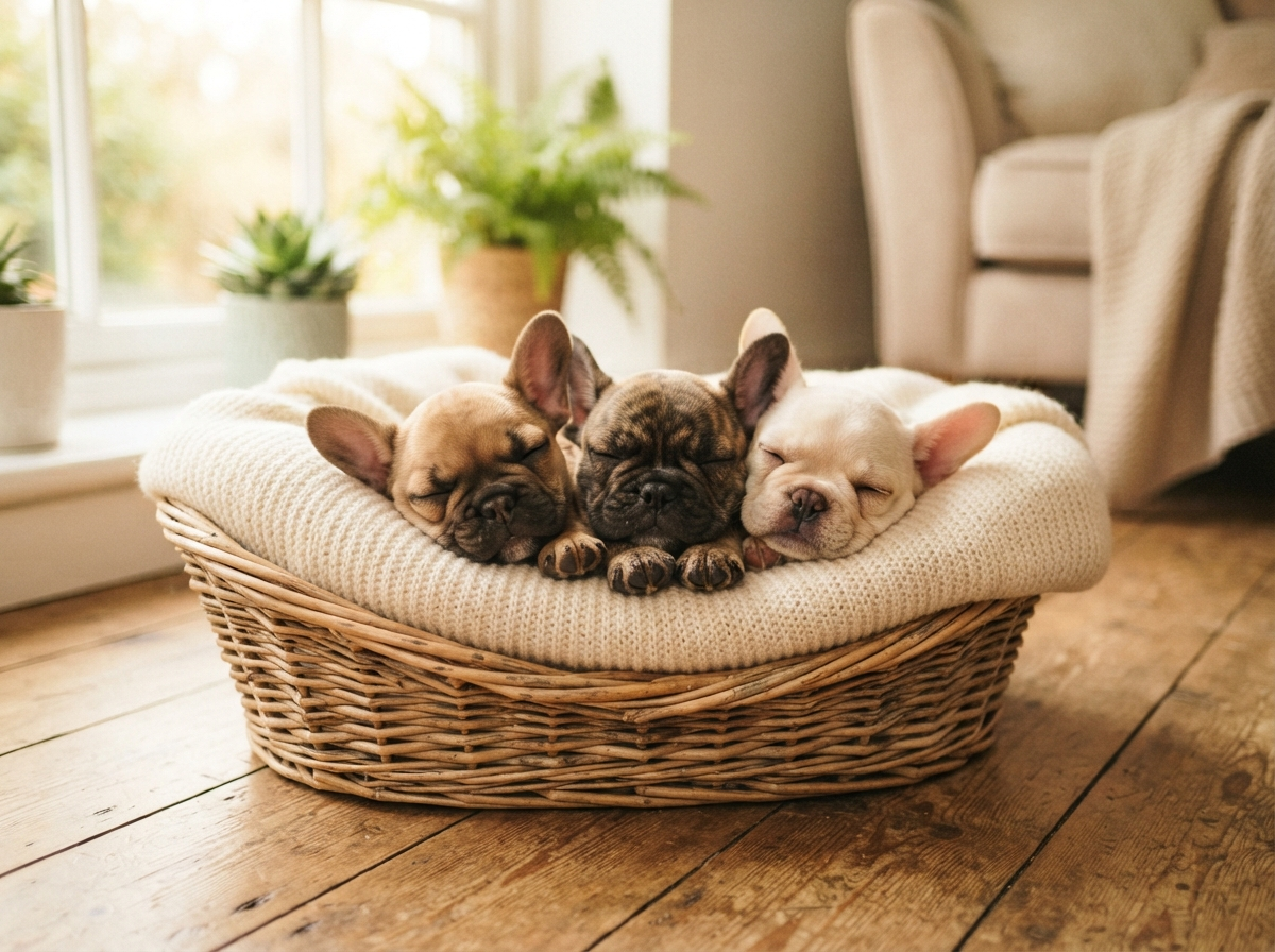 Three French Bulldog puppies cuddled together in a wicker basket