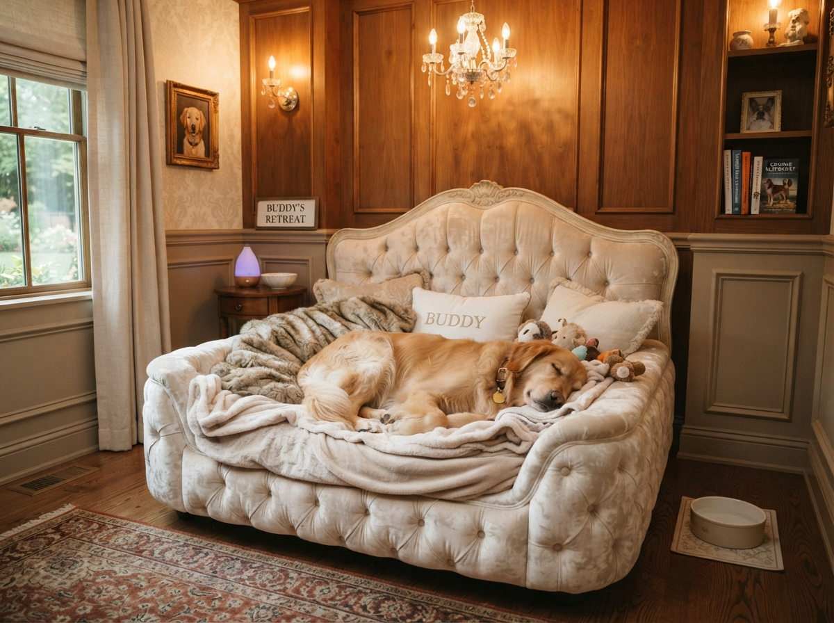 A pampered dog relaxing on a plush velvet bed in a luxury boarding suite