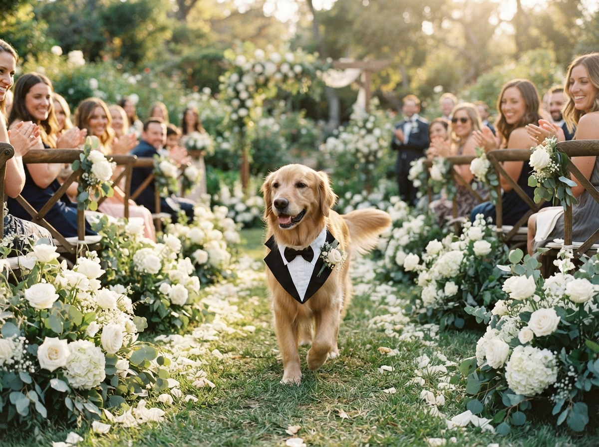 A dog in a tuxedo walking down an outdoor wedding aisle decorated with white roses