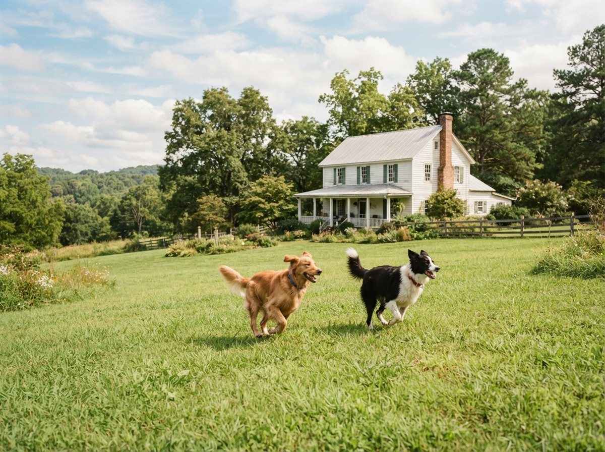 Two happy dogs running across a green lawn on a North Carolina countryside property