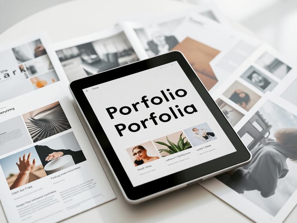 A beautifully designed portfolio displayed on a sleek tablet, surrounded