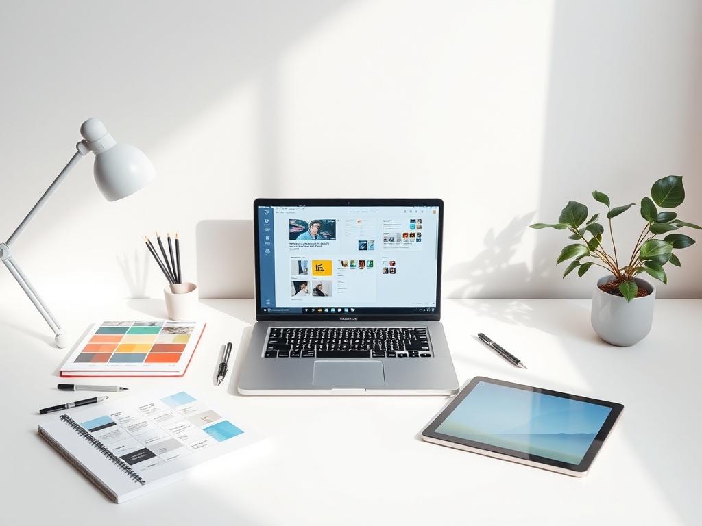 A minimalistic workspace featuring a laptop open to a UX