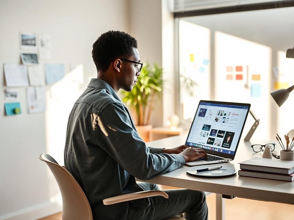 **Prompt for AI Image Generator:**

Create a realistic high-resolution photo that embodies the theme of a blog titled "The Art of UX Design." The composition should be minimalistic and clean, focusing on a single subject: a professional UX designer seated at a modern desk. The designer, a young adult of diverse background, is deeply engaged in work, using a laptop with design software open on the screen, showcasing user interfaces. 

In the background, incorporate a soft-focus view of a well-organized works