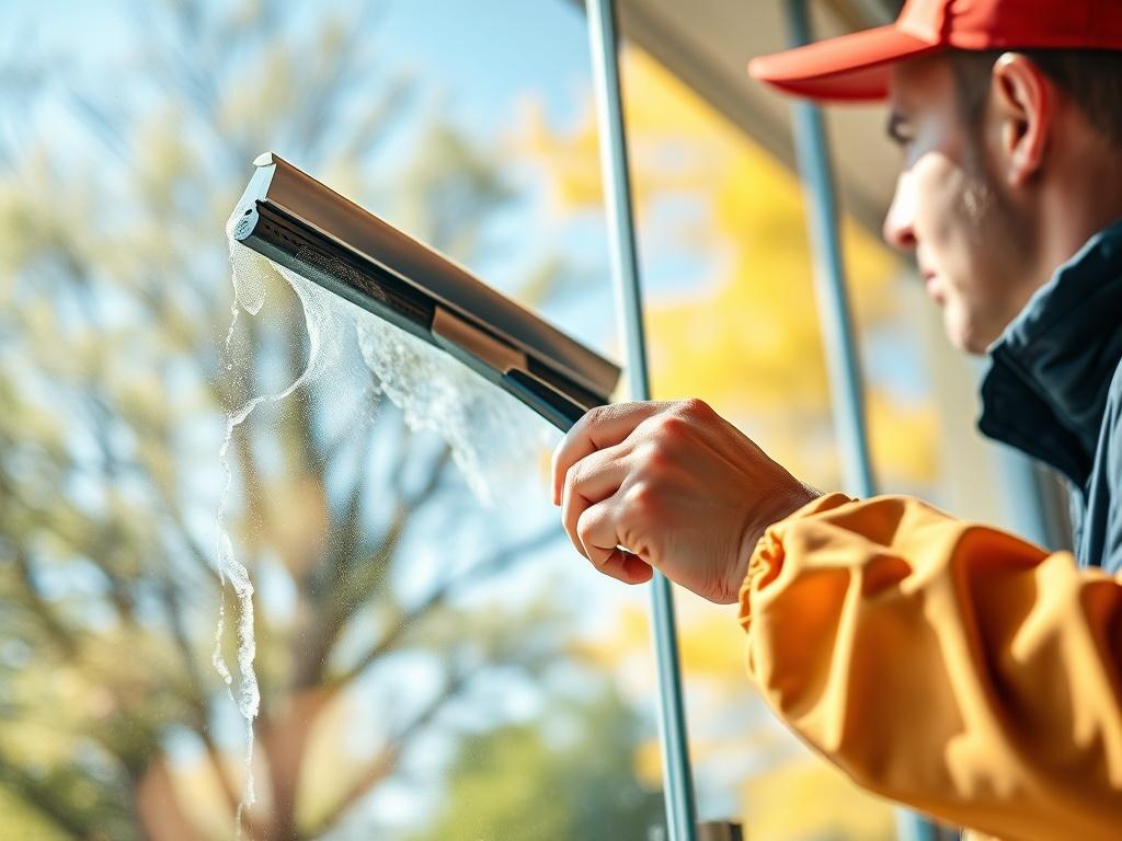 A close up shot of a professional window cleaner in