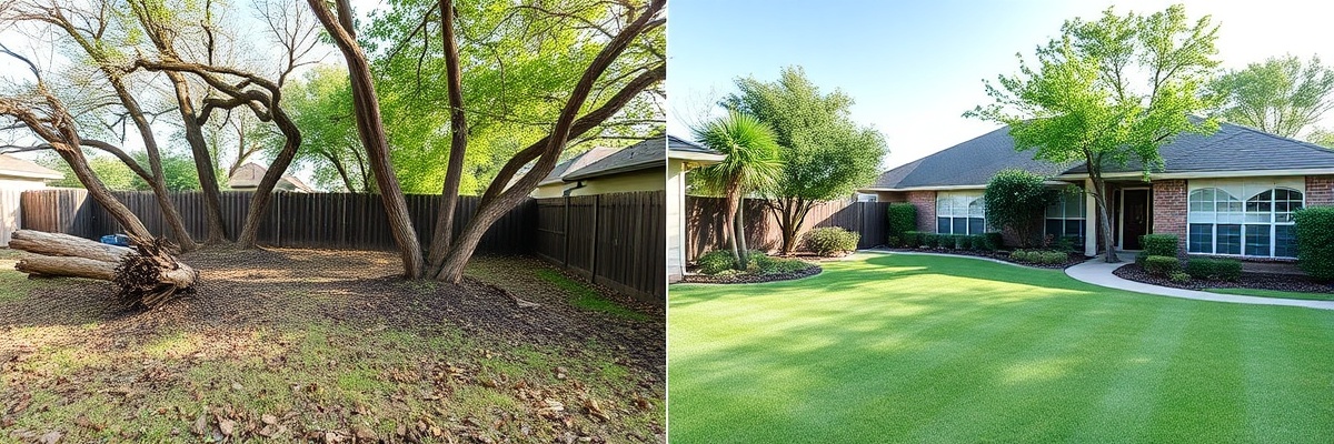 Before and after yard transformation showing messy yard and pristine landscape