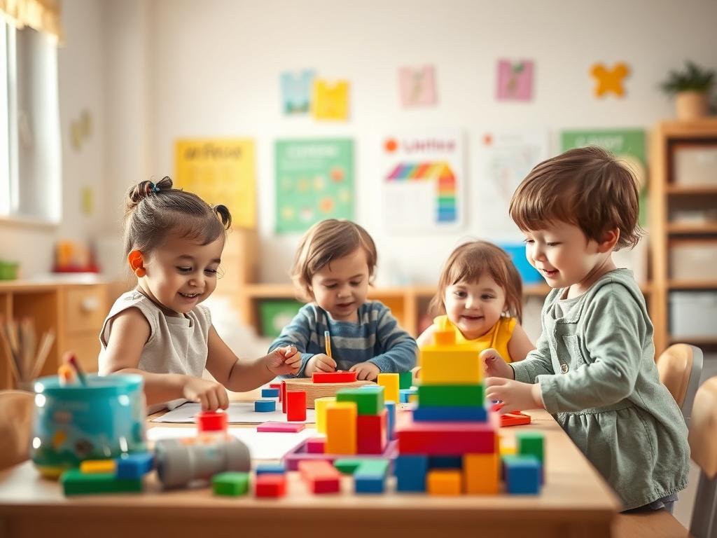 A cozy, well-lit classroom with toddlers engaged in artistic activities, such as painting and playing with colorful building blocks. The children are smiling and interacting joyfully, showcasing their creativity. The background includes soft pastel colors and educational posters, creating a warm and nurturing atmosphere.