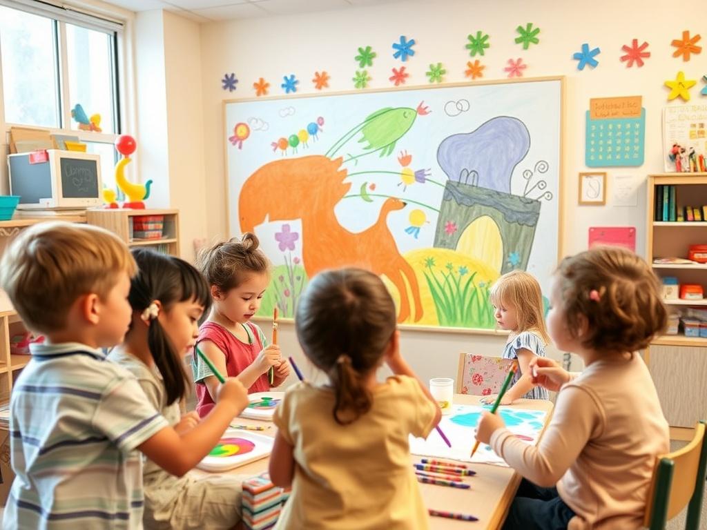 A bright, cheerful classroom filled with 4-5-year-olds collaborating on a large mural. The children are using paintbrushes and crayons, showcasing their unique contributions. The room is decorated with colorful artwork and educational materials, creating an inspiring and vibrant atmosphere.