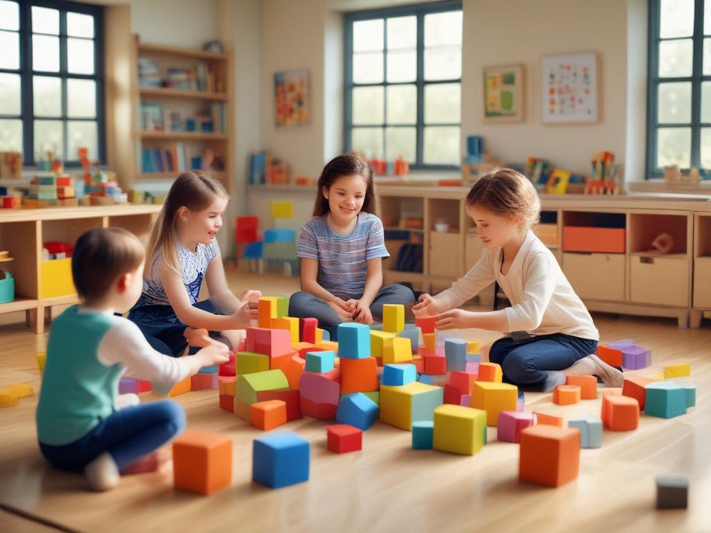 a vibrant preschool classroom setting with children working together on