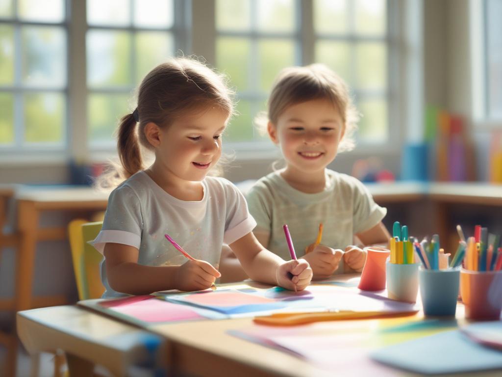 a bright and cheerful preschool classroom filled with colorful art