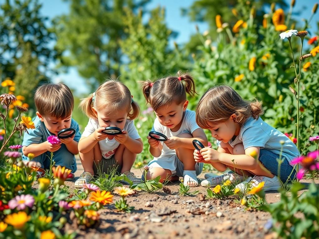A small group of curious preschoolers exploring a garden filled with flowers and greenery. They are kneeling on the ground, examining insects and plants with magnifying glasses. The scene captures their excitement and wonder, surrounded by colorful flowers and a clear blue sky, emphasizing the connection between nature and discovery.