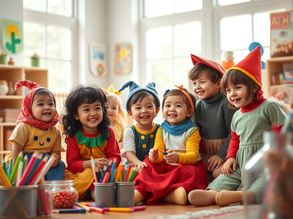 A group of joyful preschool children engaged in imaginative play. They are dressed in colorful costumes, creating a vibrant scene in a cozy classroom filled with art supplies. The background features soft, natural lighting coming through large windows, illuminating their expressive faces and the colorful artwork displayed on the walls.
