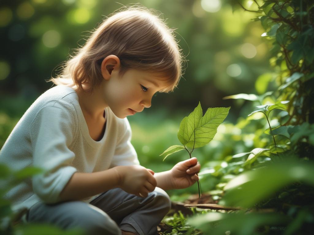 A child examining a leaf with a magnifying glass in