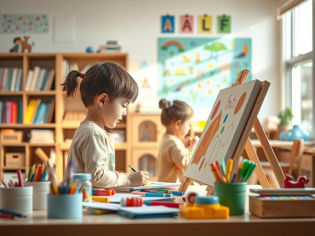 A serene classroom environment with children engaged in creative activities, showcasing art supplies and toys. The focus is on a child painting on a canvas, with soft natural lighting illuminating the scene. The background features colorful educational posters and a bookshelf filled with books. The overall atmosphere is calm and inspiring, inviting creativity and exploration.