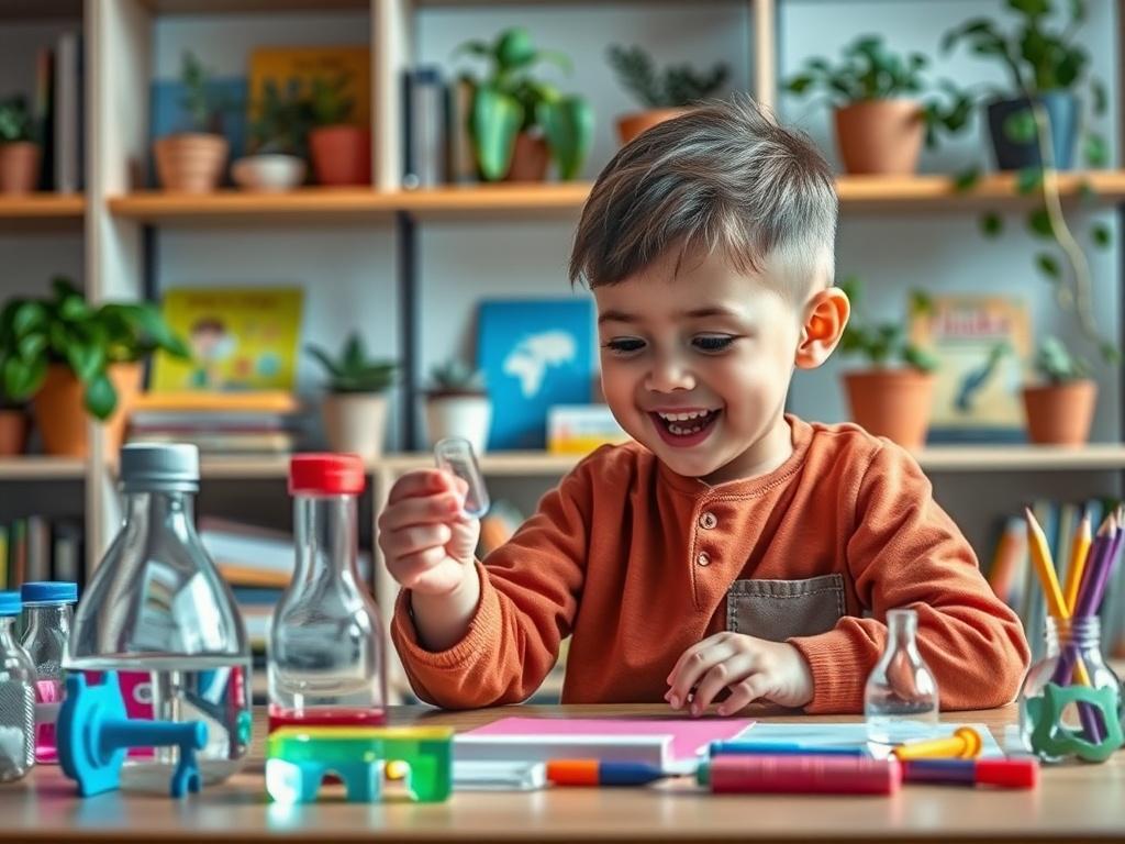A child engaging in a science experiment, surrounded by colorful materials and tools. The expression on the child's face shows excitement and curiosity. The background includes shelves filled with educational resources and plants, creating a lively and stimulating learning environment.